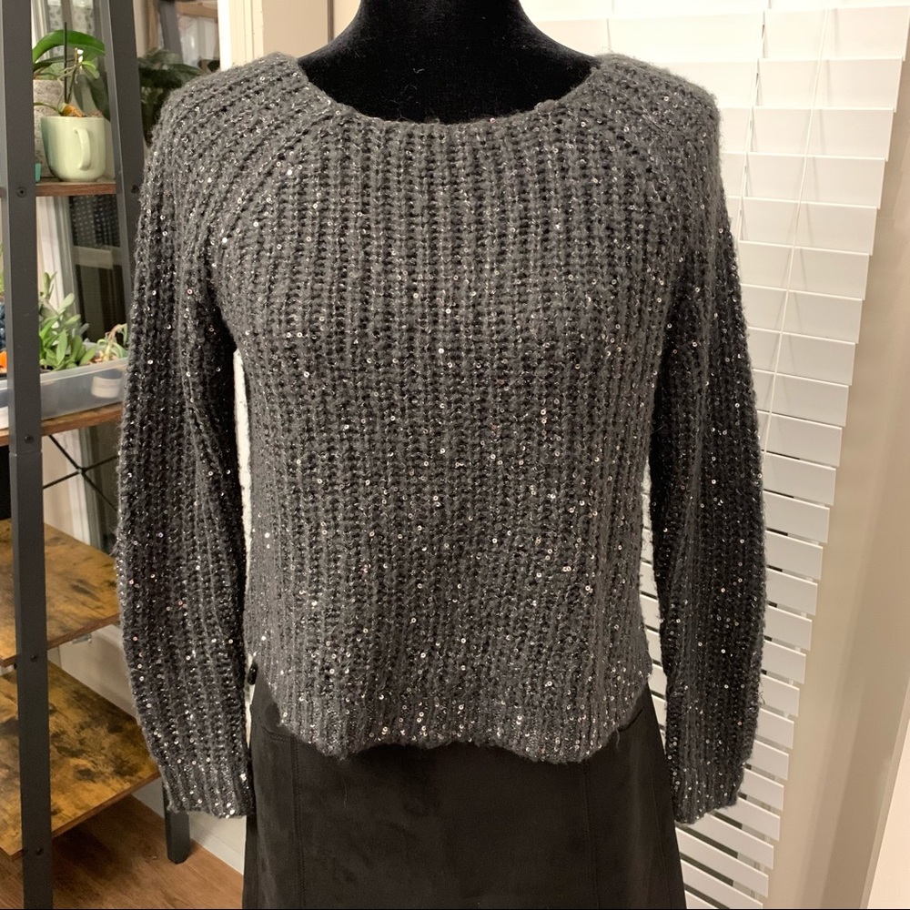 Gray Cropped Jennifer Lopez Sweater with Silver Sequins